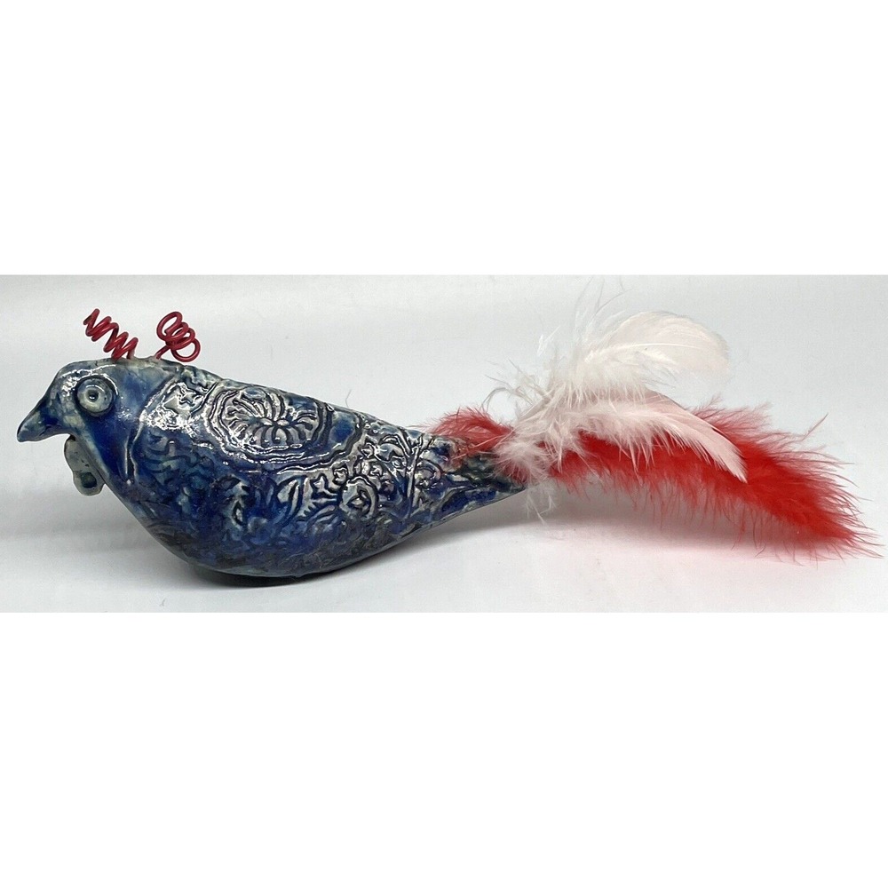 Handmade Ceramic Rooster Chicken 9" Real Feather Tail Glazed Folk Art‎ Figurine